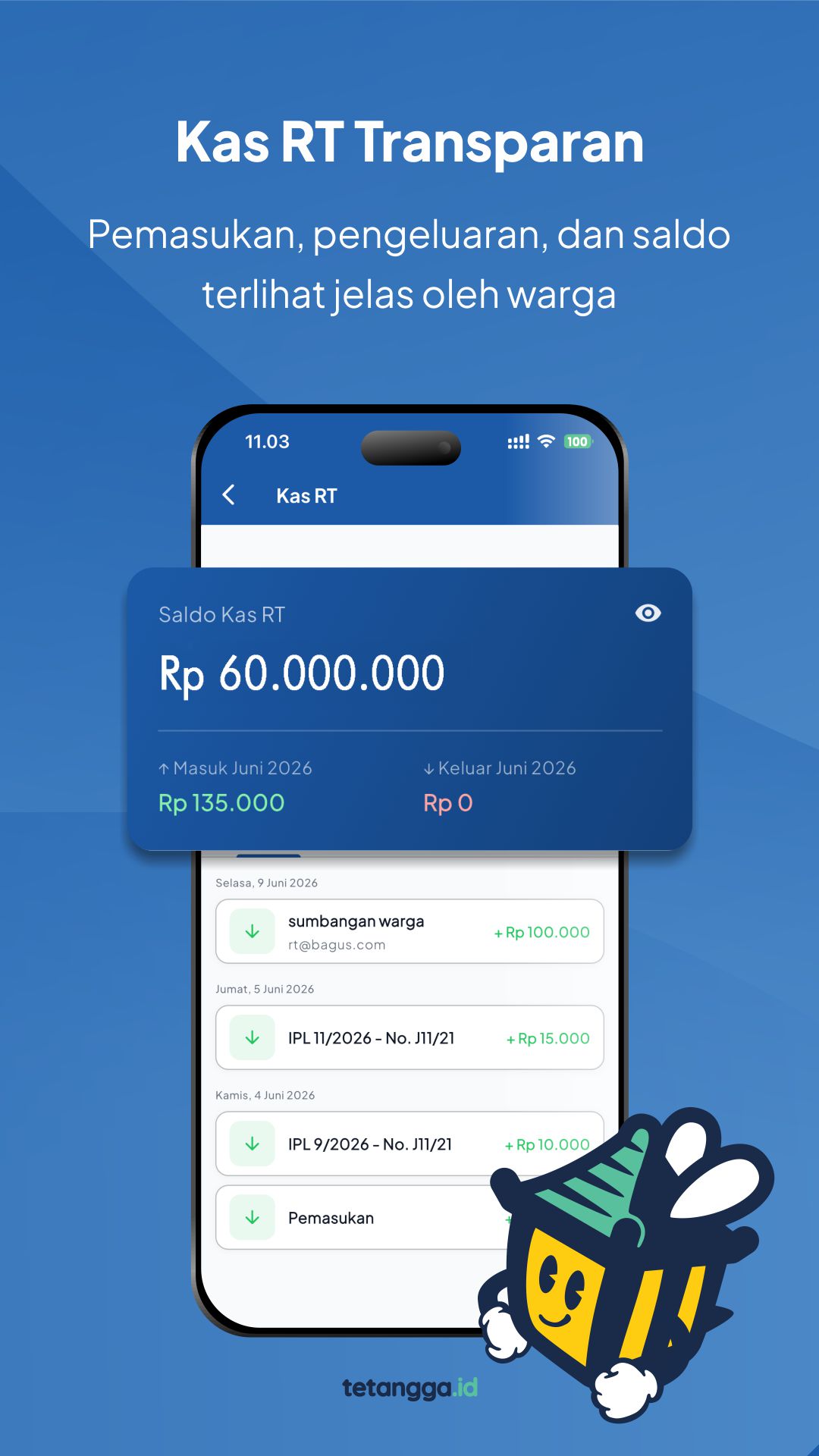 Tampilan halaman Kas RT: saldo, pemasukan, dan pengeluaran
