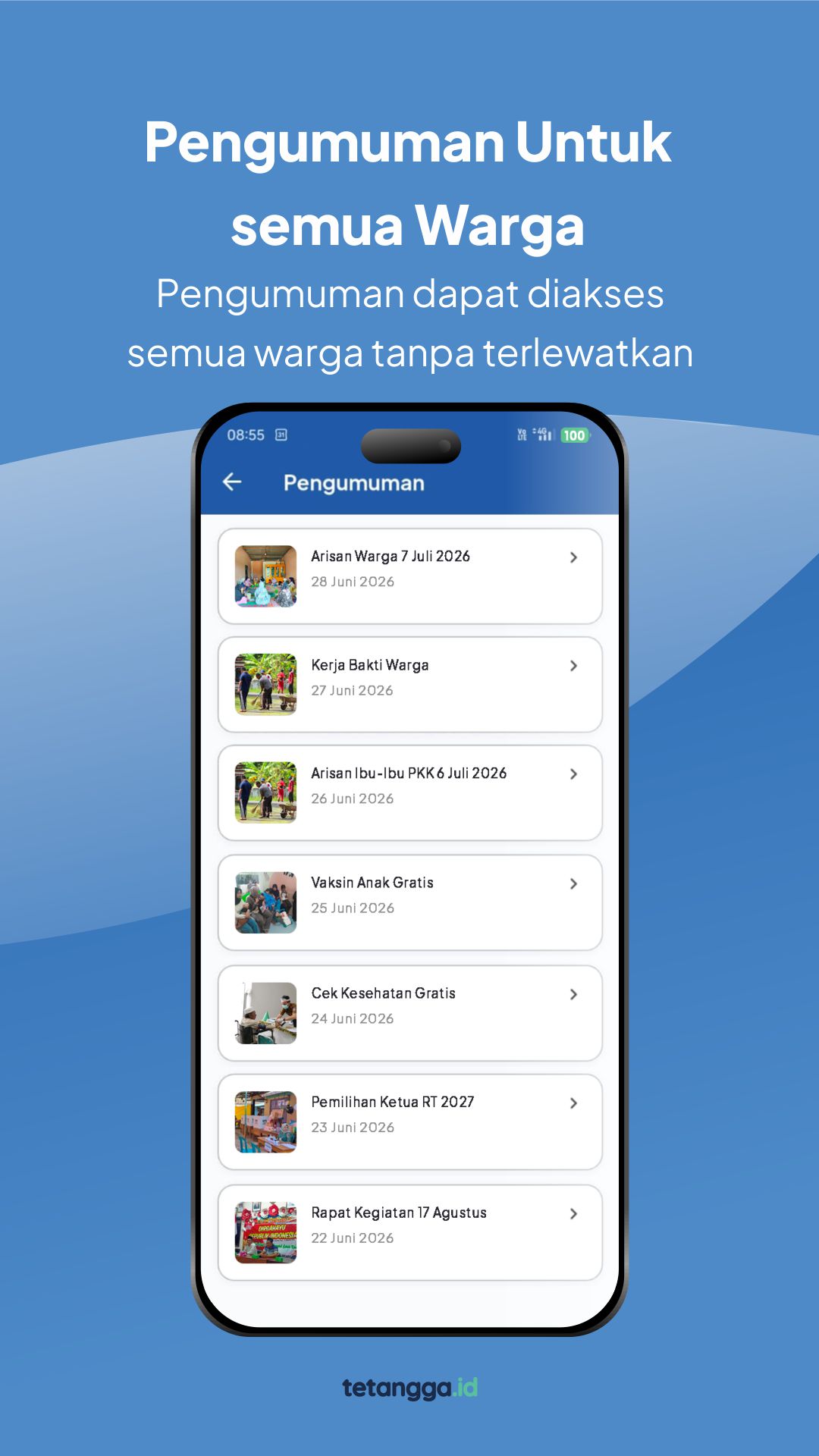 Tampilan daftar pengumuman warga di aplikasi